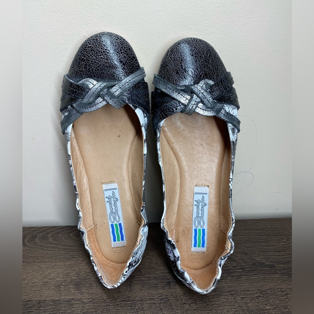 Arnold Churgin Braided Flats Ballet Shoes Black Glamour Leather crackled Sz 37